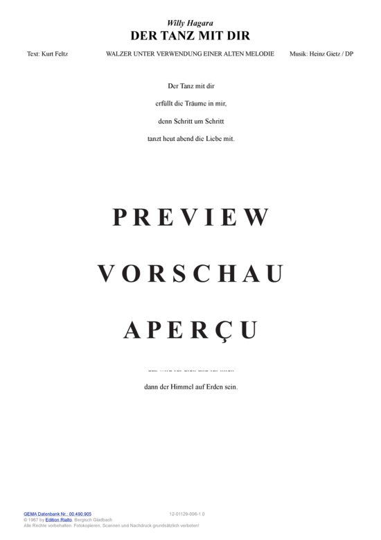 Produktgalerie: Seite 10 von 11 Der Tanz mit dir , Hagara, Willy, (Melodie-Stimmen in C/B/Es)