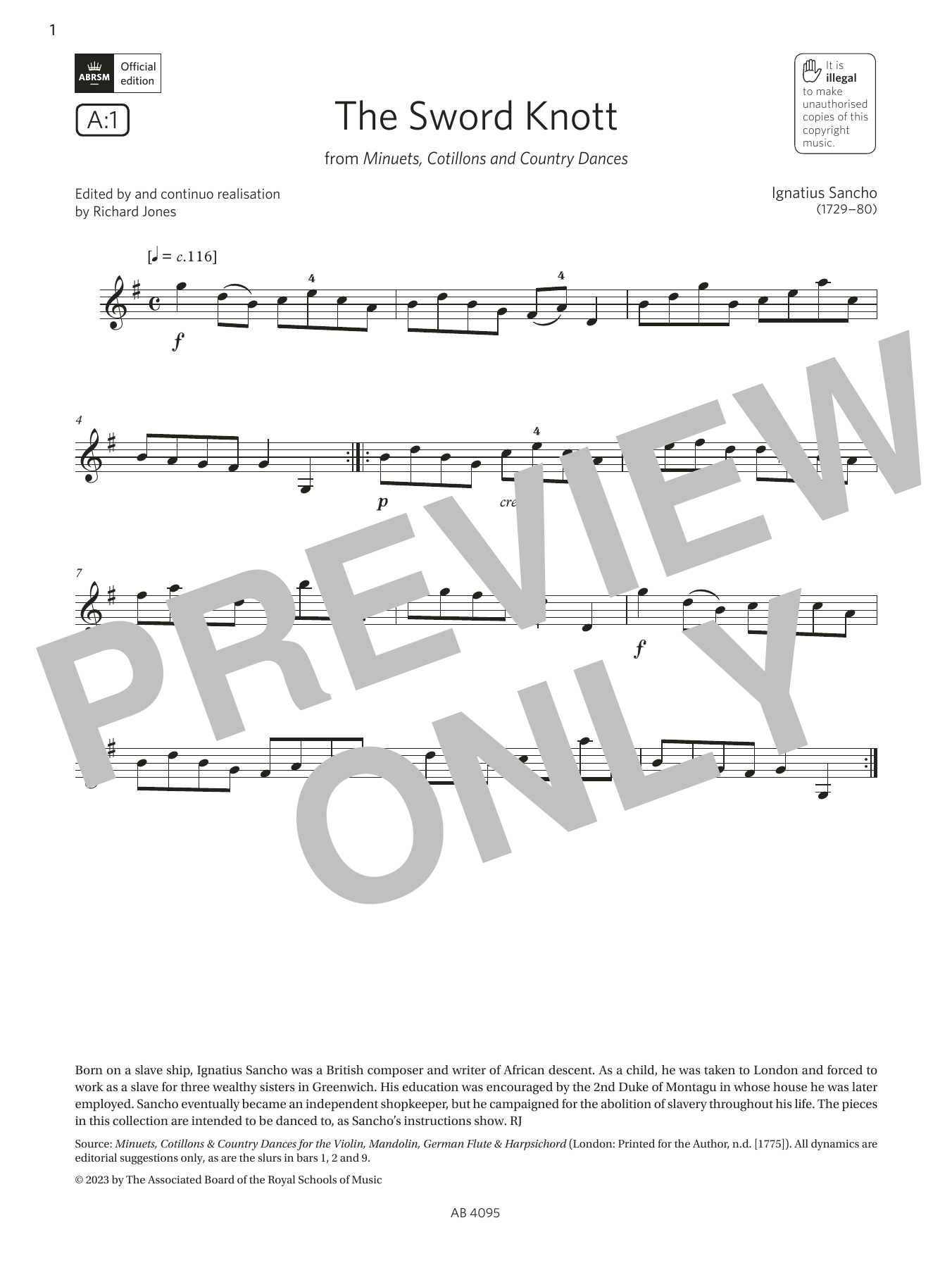 Product gallery: Page 1 of 1 The Sword Knott (Grade 1, A1, from the ABRSM Violin Syllabus from 2024), Ignatius Sancho