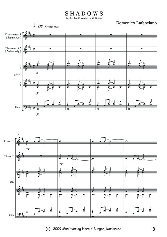 Produktgalerie: Seite 1 von 11 Shadows (Partitur), , Gemischtes Ensemble 2 Instrumente in C, 4 Gitarren und Klavier