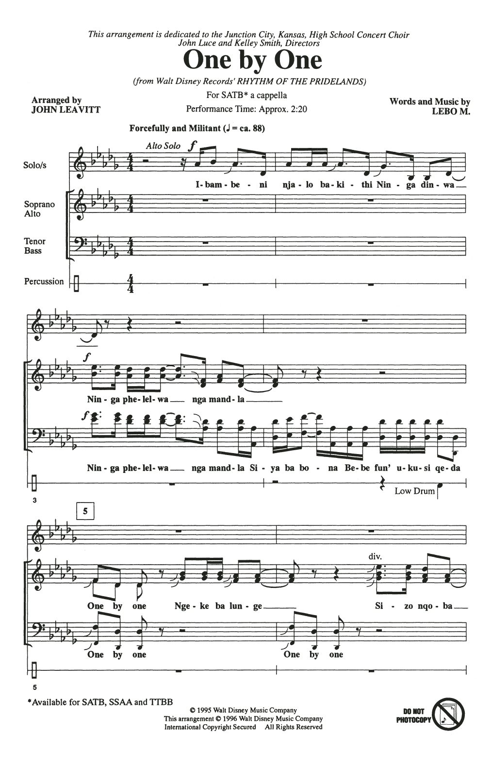 Product picture to: One By One (from Rhythm of the Pridelands) (arr. John Leavitt)