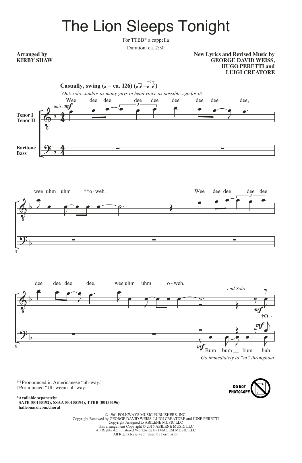 Produktgalerie: Seite 1 von 1 The Lion Sleeps Tonight (arr. Kirby Shaw), The Tokens, Chor