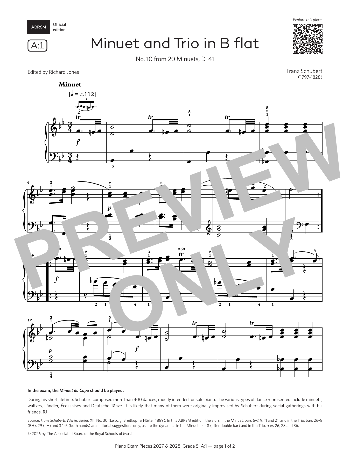 Product gallery: Page 1 of 1 Minuet and Trio in B Flat (Grade 5, list A1, from the ABRSM Piano Syllabus 2027 & 2028), Franz Schubert