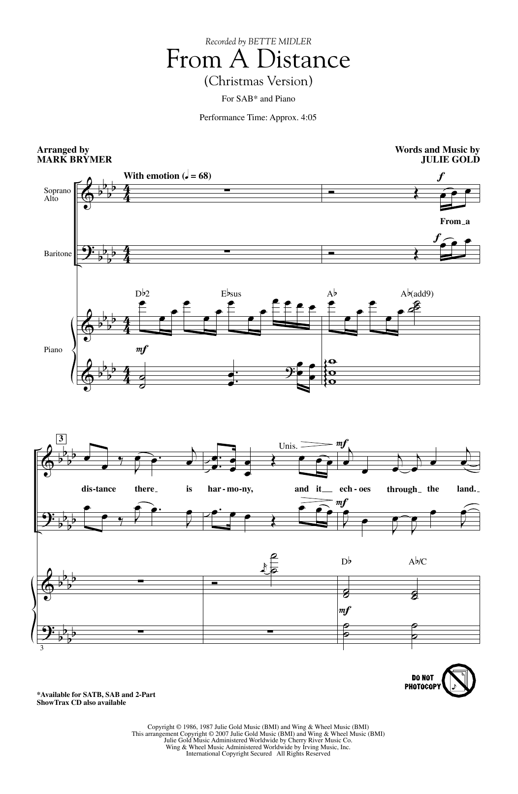 Produktgalerie: Seite 1 von 1 From A Distance (Christmas Version) (arr. Mark Brymer), Bette Midler, Chor