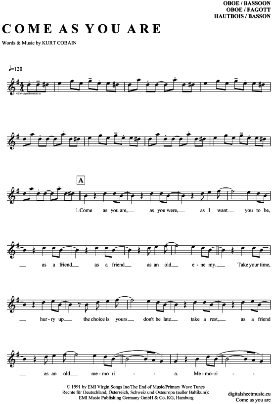 Produktgalerie: Seite 1 von 4 Come as you are , Nirvana, (Oboe / Fagott)