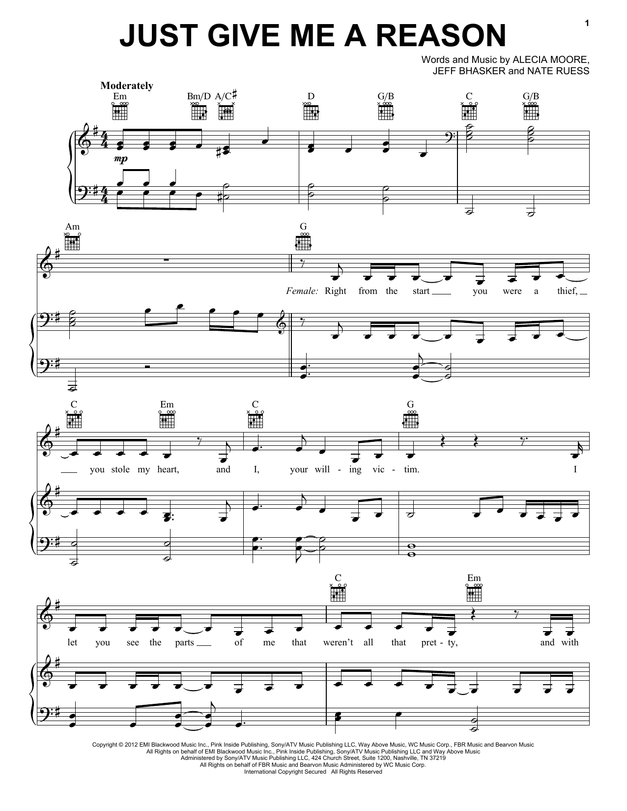 Produktgalerie: Seite 1 von 1 Just Give Me A Reason, P!nk, Gesang, Gitarre, Klavier