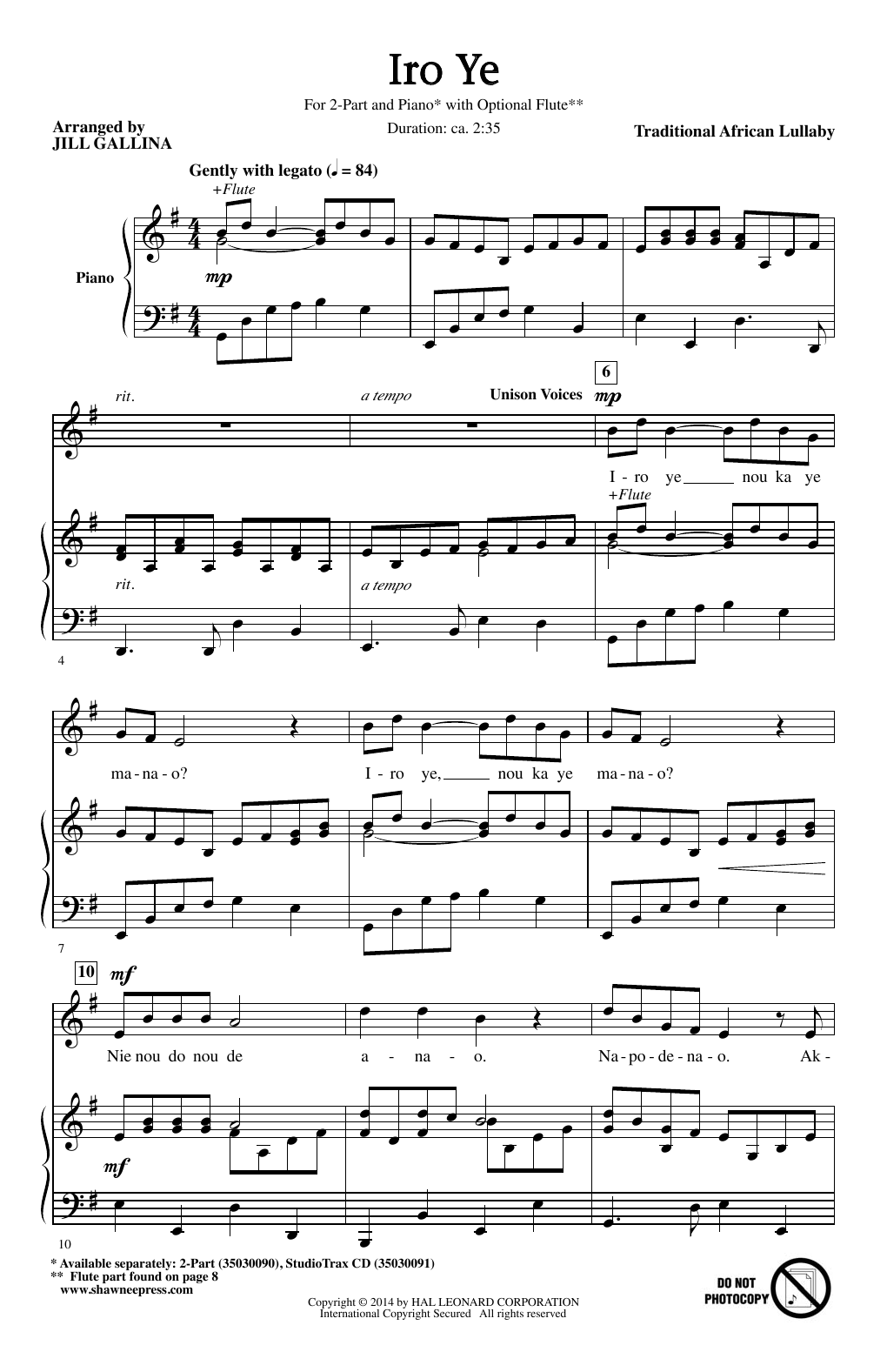 Product gallery: Page 1 of 1 Iro Ye (arr. Jill Gallina), Traditional African Lullaby