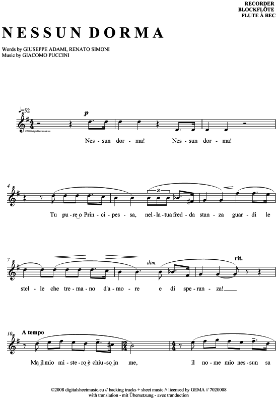 Product gallery: Page 1 of 4 Nessun dorma , Potts, Paul, (recorder)