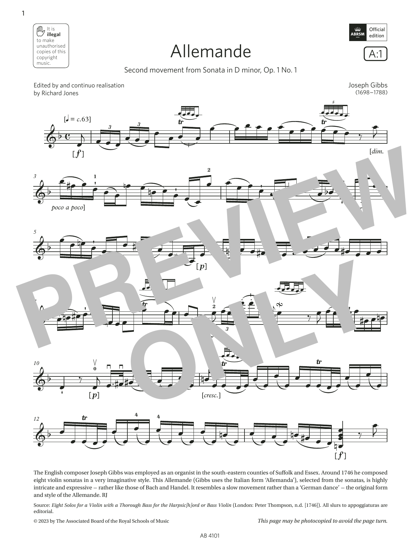 Produktbild zu:  Allemande (Grade 7, A1, from the ABRSM Violin Syllabus from 2024) - Joseph Gibbs