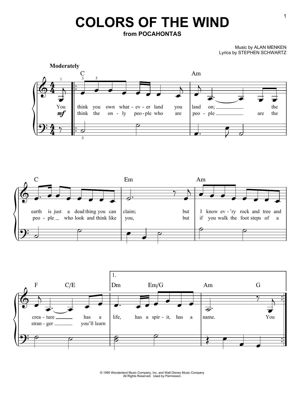 Produktgalerie: Seite 1 von 1 Colors Of The Wind (from Pocahontas), Vanessa Williams, Klavier
