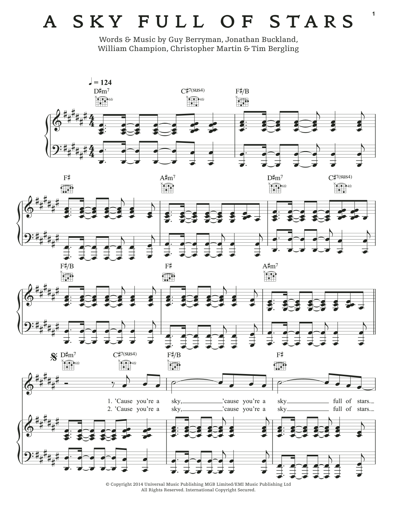 Produktgalerie: Seite 1 von 1 A Sky Full Of Stars, Coldplay, Gesang, Gitarre, Klavier