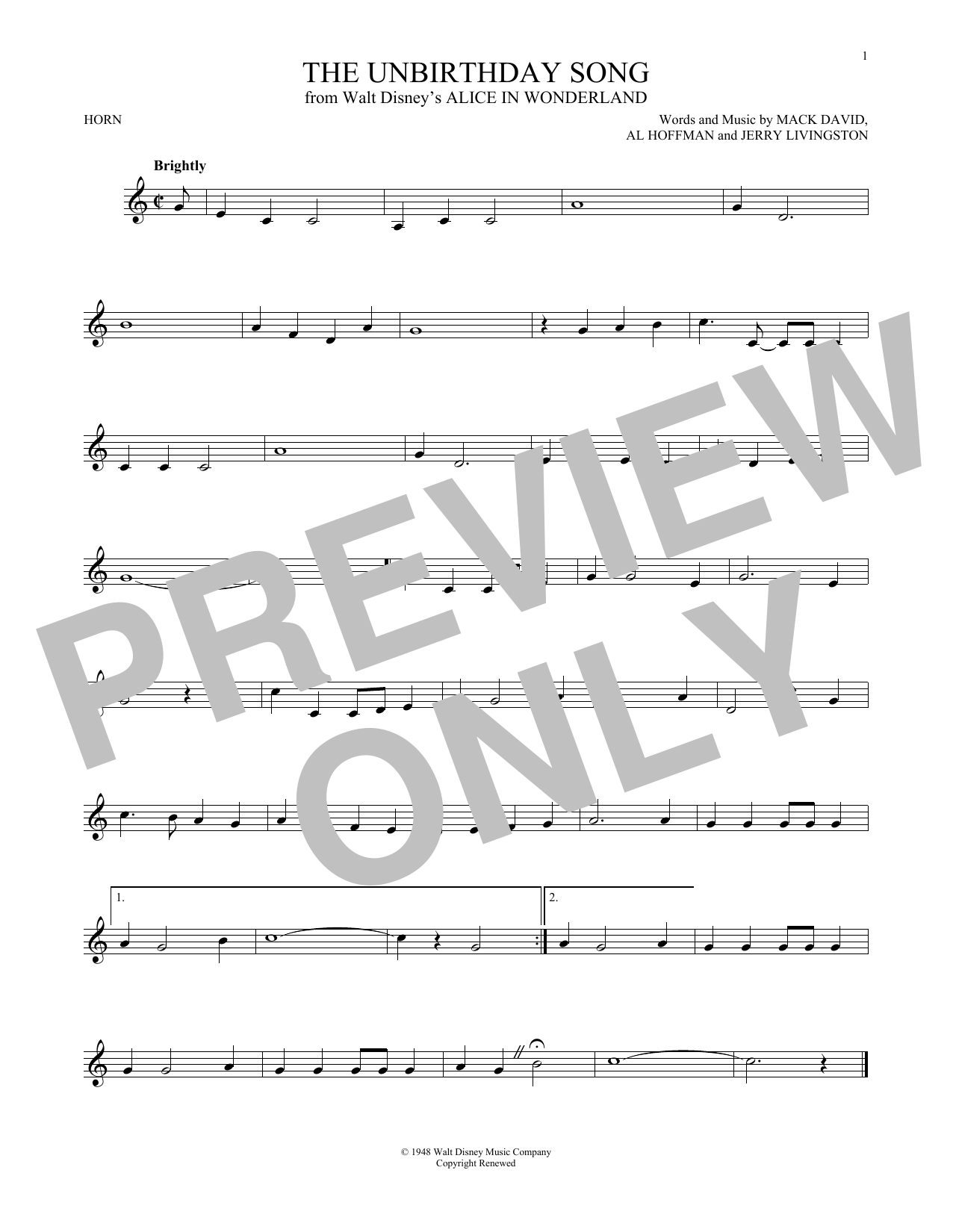 Produktgalerie: Seite 1 von 1 The Unbirthday Song (from Alice In Wonderland), Mack David, Al Hoffman and Jerry Livingston, Horn