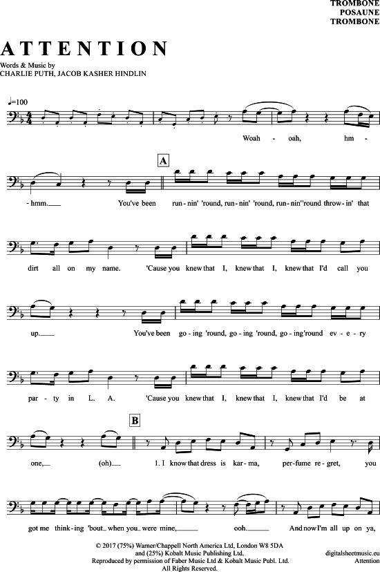 Product gallery: Page 1 of 5 Attention , Charlie Puth, (Posaune / Bariton)
