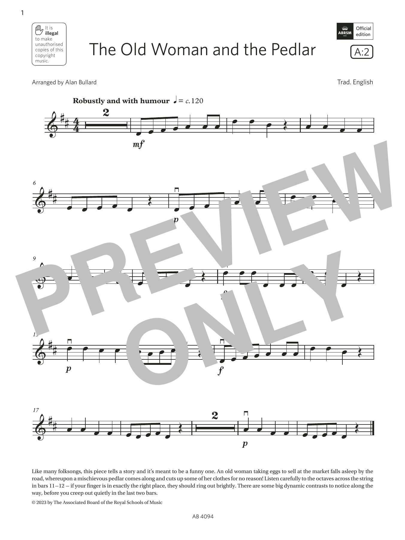 Product gallery: Page 1 of 1 The Old Woman and the Pedlar (Grade Initial, A2, from the ABRSM Violin Syllabus from 2024), Trad. English