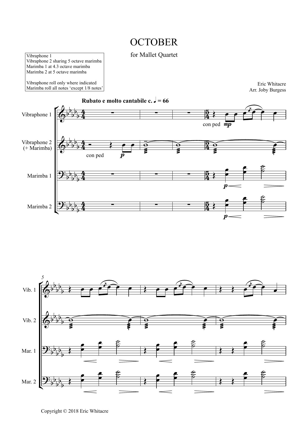 Produktgalerie: Seite 1 von 1 October (Alleluia) for Mallet Quartet (arr. Joby Burgess) - Full Score, Eric Whitacre, Percussion