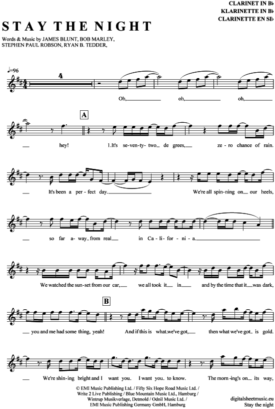 Product gallery: Page 1 of 4 Stay the night , Blunt, James, Clarinet in B-flat