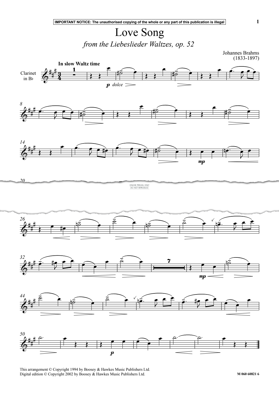 Produktgalerie: Seite 1 von 1 Love Song from the 'Liebeslieder Waltzes Op. 52', Johannes Brahms, Klarinette