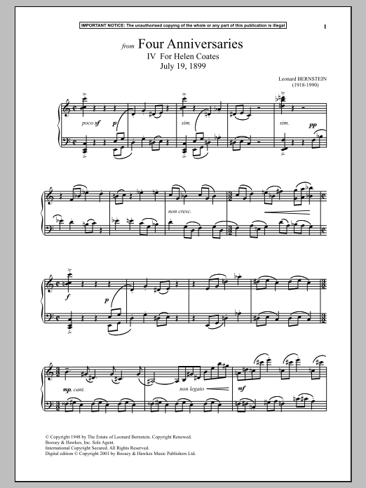 Product gallery: Page 1 of 1 Four Anniversaries, IV. For Helen Coates, July 19, 1899, Leonard Bernstein
