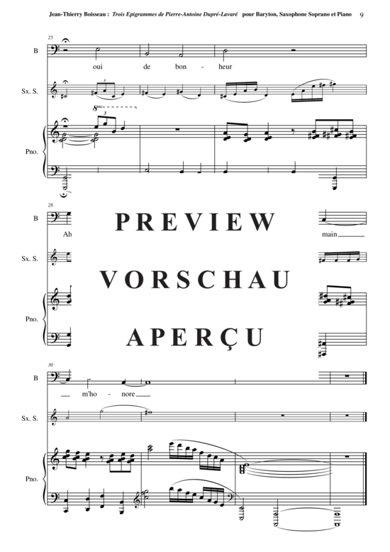 Product gallery: Page 11 of 16 Trois Épigrammes de Pierre-Antoine Dupré-Lavaré , , (baritone voice, soprano saxophone + piano)