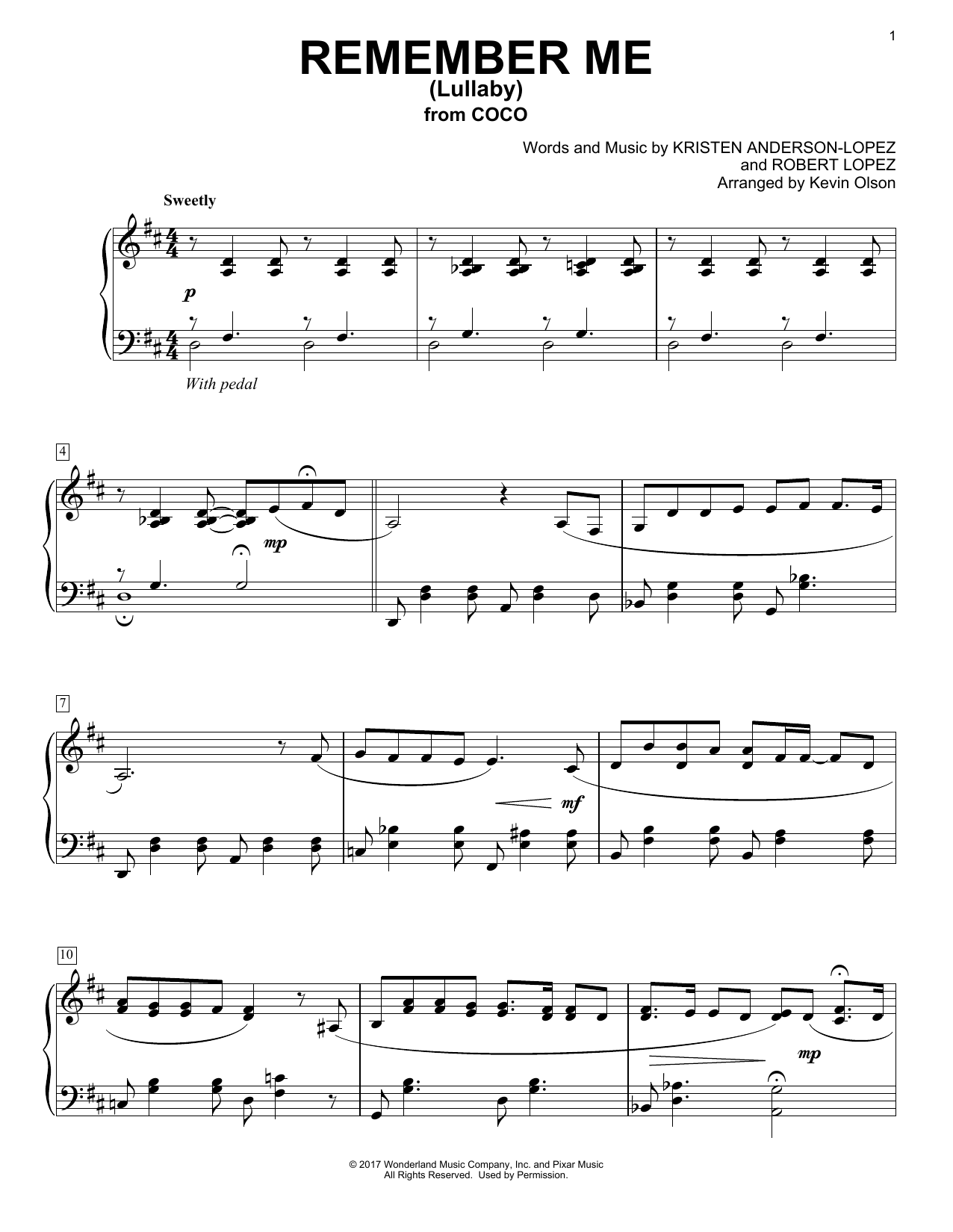Product gallery: Page 1 of 1 Remember Me (Lullaby) (from Coco) (arr. Kevin Olson), Kristen Anderson-Lopez & Robert Lopez