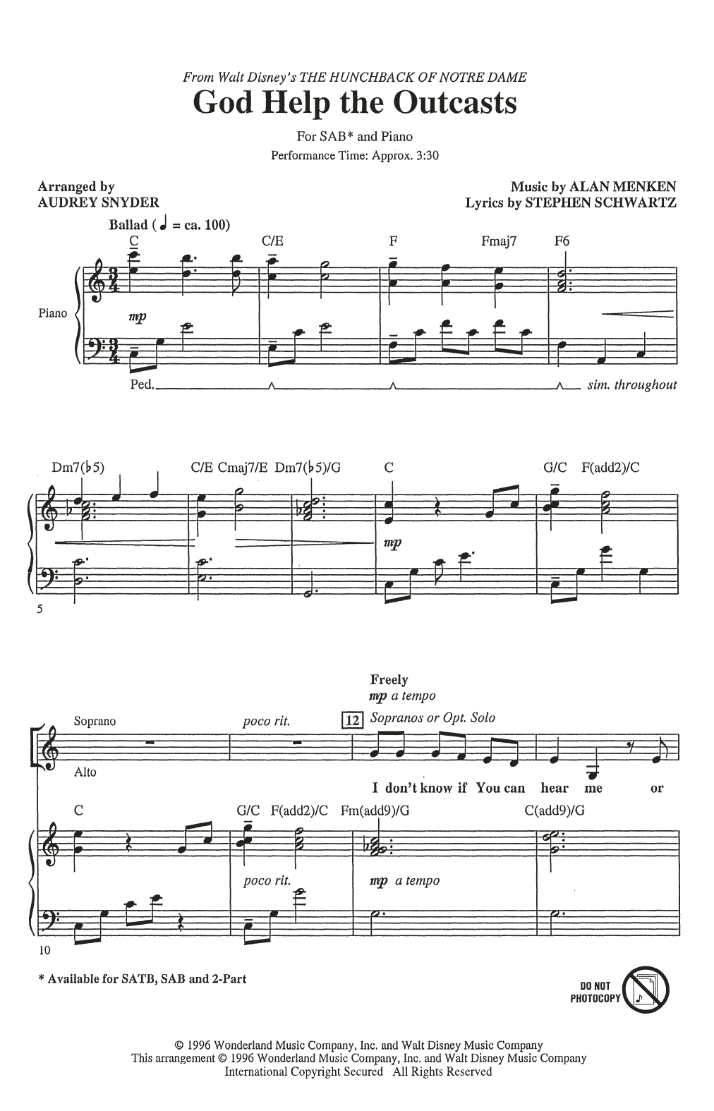 Product picture to: God Help The Outcasts (from The Hunchback Of Notre Dame) (arr. Audrey Snyder)