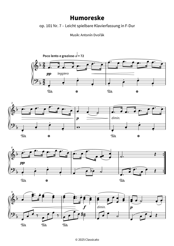 Produktgalerie: Seite 1 von 6 Humoreske - op. 101 Nr. 7 - Leicht spielbare Klavierfassung in F-Dur, , Klavier Solo