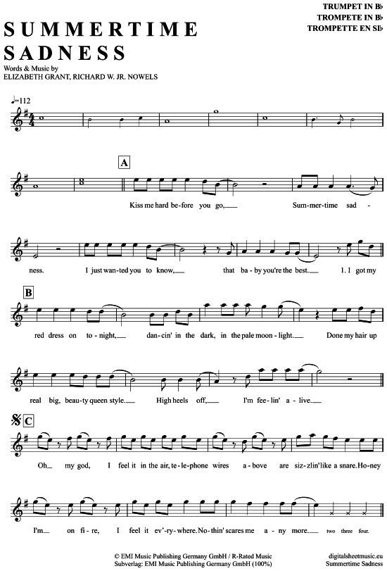Produktgalerie: Seite 1 von 4 Summertime Sadness , Rey, Lana del, Trompete in B