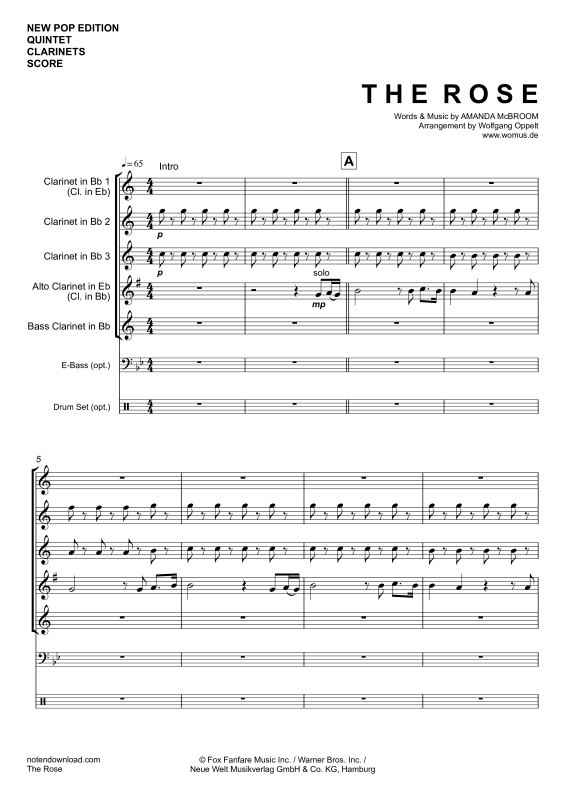 Produktgalerie: Seite 1 von 11 The Rose, Midler, Bette, Klarinetten Quintett/Ensemble/Band/Chor E-Bass & Drum Set opt.