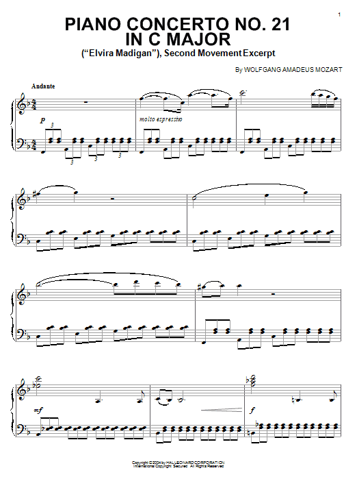 Product gallery: Page 1 of 1 Piano Concerto No. 21 in C Major ("Elvira Madigan"), Second Movement Excerpt, Wolfgang Amadeus Mozart