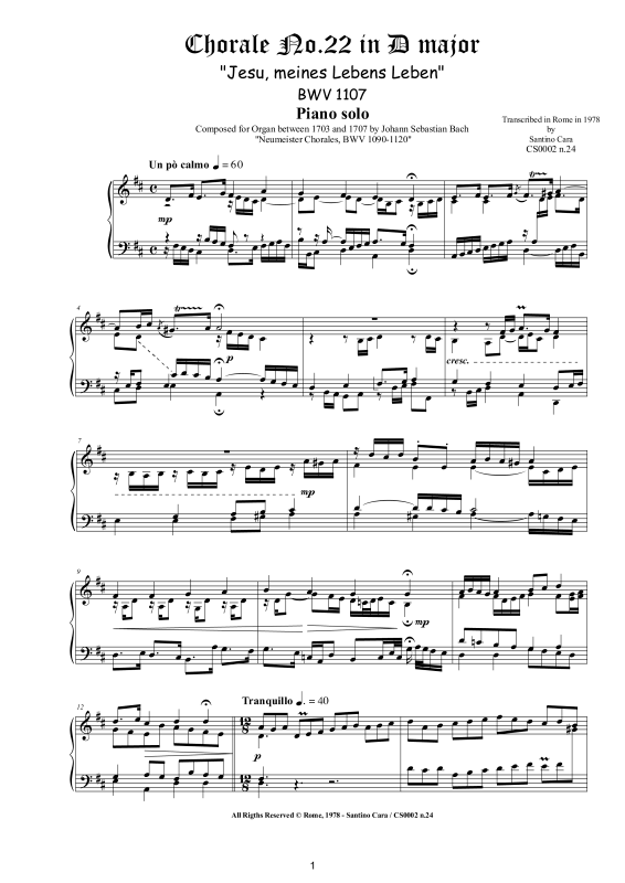 Product picture to: Choral No.22 in D-Dur (Jesu, meines Lebens Leben) BWV 1107Johann Sebastian Bach