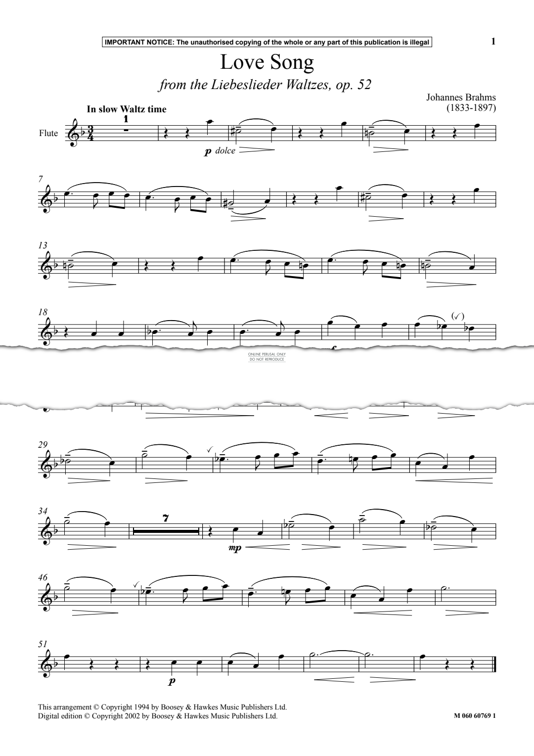 Produktgalerie: Seite 1 von 1 Love Song from the 'Liebeslieder Waltzes Op. 52', Johannes Brahms, Flöte