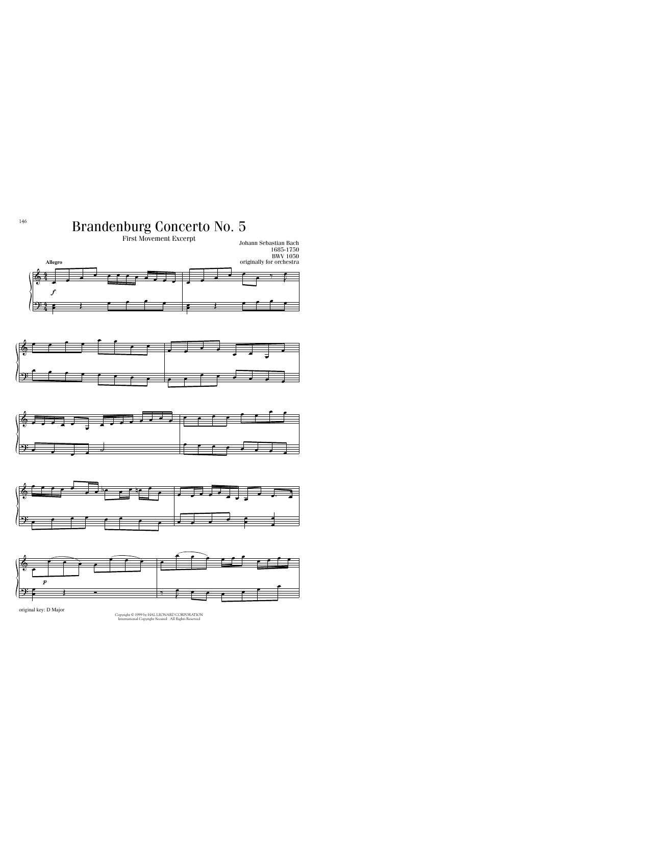 Produktgalerie: Seite 1 von 1 Brandenburg Concerto No. 5 in D Major, First Movement Excerpt, Johann Sebastian Bach, Klavier