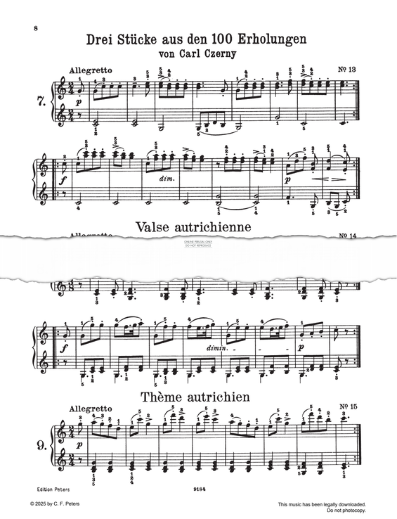 Produktgalerie: Seite 1 von 1 Allegretto, 100 Erholungen für Klavier, Nr. 13, 14, 15, Carl Czerny, Klavier