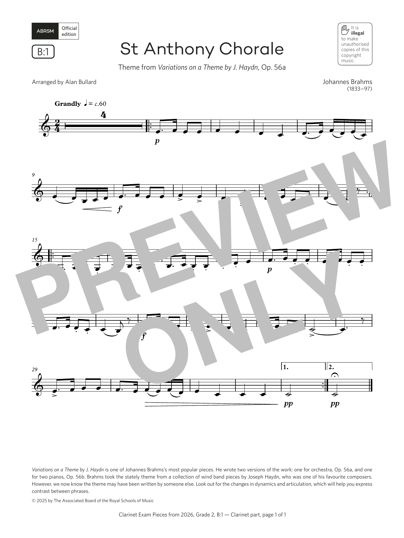 Product gallery: Page 1 of 1 St Anthony Chorale (Grade 2, list B1, from the ABRSM Clarinet Syllabus from 2026), Johannes Brahms