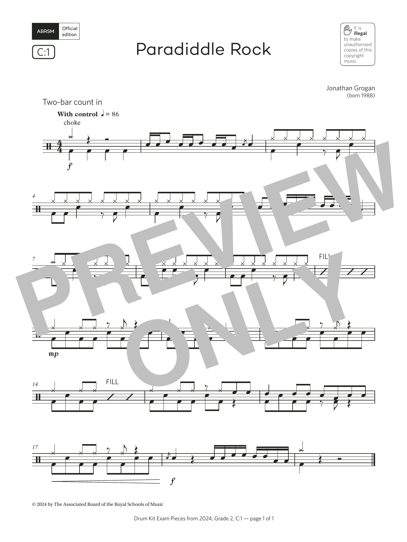 Product gallery: Page 1 of 1 Paradiddle Rock (Grade 2, list C1, from the ABRSM Drum Kit Syllabus 2024), Jonny Grogan