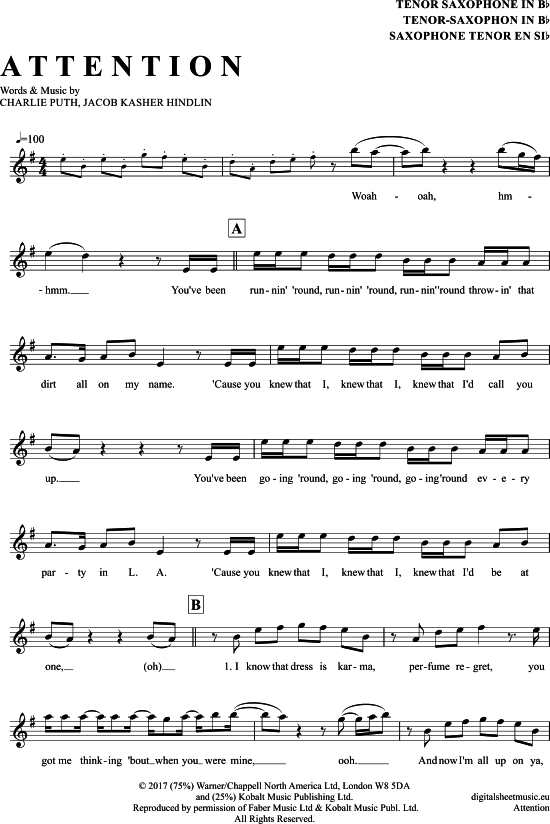 Product gallery: Page 1 of 5 Attention , Charlie Puth, Tenor Saxophone