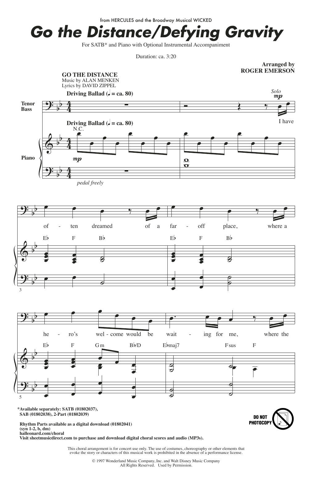 Product picture to: Go The Distance / Defying Gravity (arr. Roger Emerson)