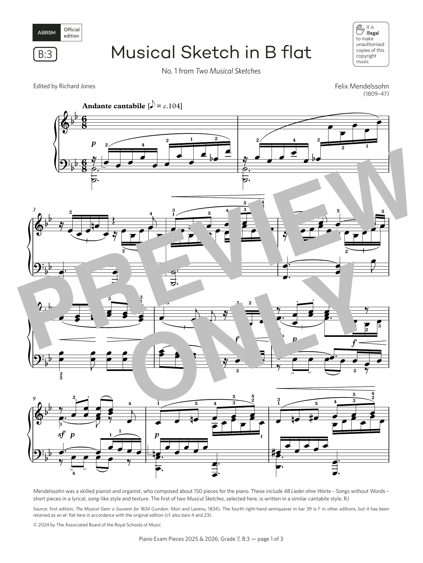 Produktbild zu:  Musical Sketch in B flat (Grade 7, list B3, from the ABRSM Piano Syllabus 2025 & 2026) - Felix Mendelssohn