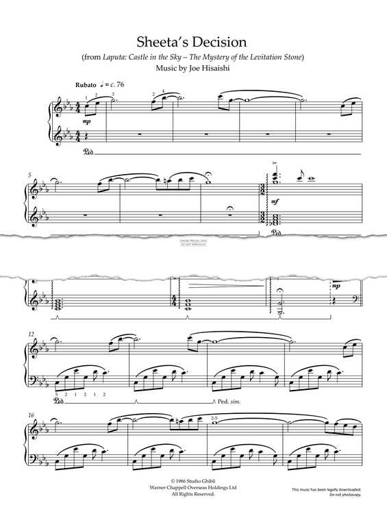 Produktgalerie: Seite 1 von 1 Sheeta's Decision (from ‘Laputa: Castle In The Sky – The Mystery of the Levitation Stone’), Joe Hisaishi, Klavier