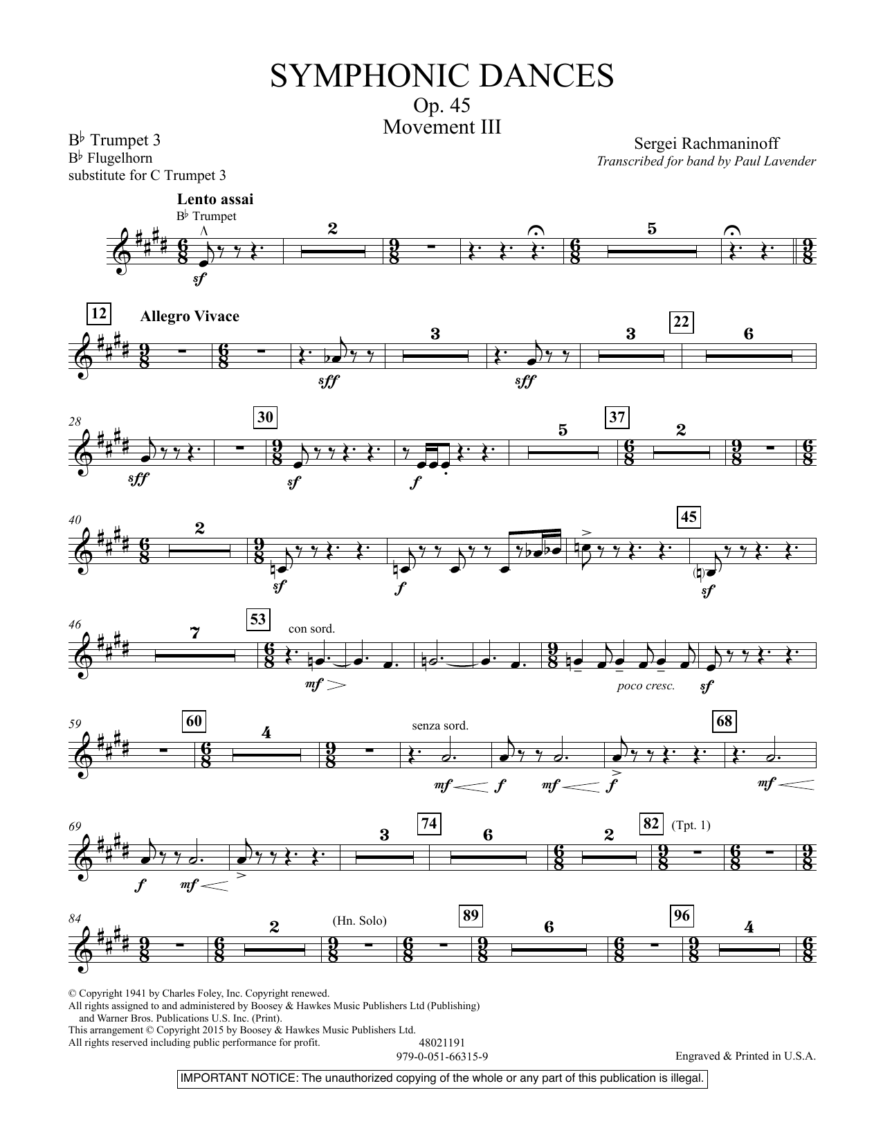 Product picture to: Symphonic Dances, Op.45 - Bb Trumpet Parts - Digital Only - Bb Trumpet 3 (sub. C Tpt. 3)
