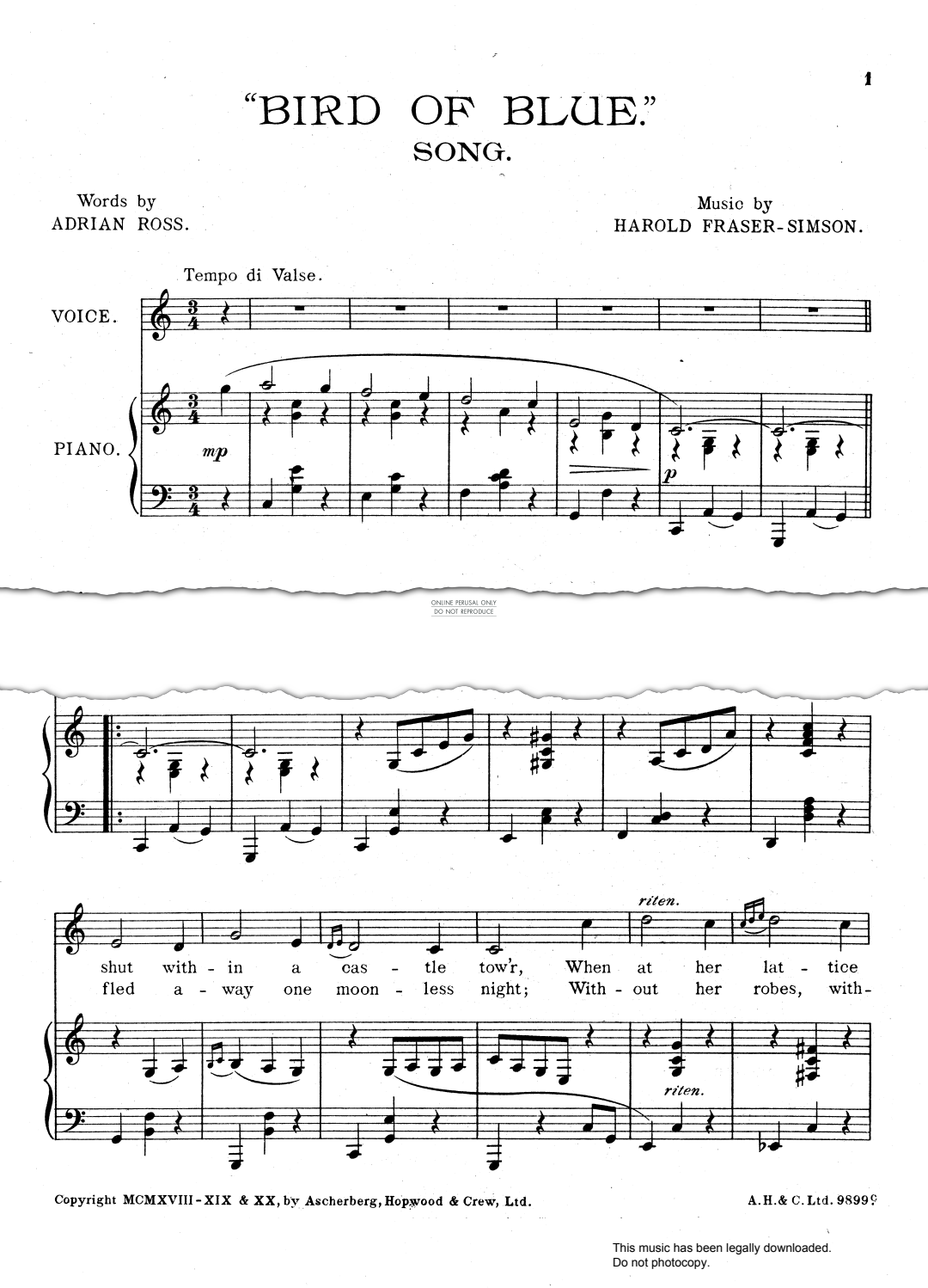 Produktgalerie: Seite 1 von 1 Bird Of Blue, Harold Fraser-Simson, Gesang, Klavier