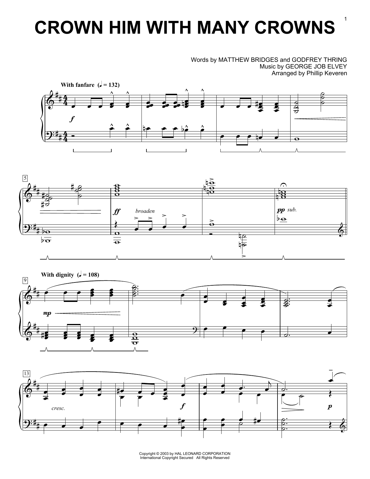 Product gallery: Page 1 of 1 Crown Him With Many Crowns (arr. Phillip Keveren), Matthew Bridges