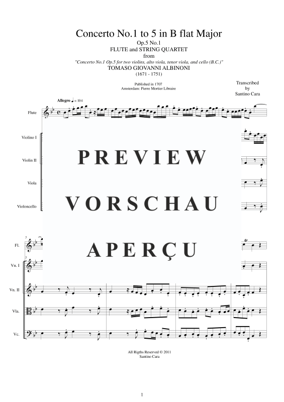 Produktgalerie: Seite 2 von 11 Concerto No.1 to 5 Op.5 in B-Dur, , Querflöte Solo und Streicher Ensemble