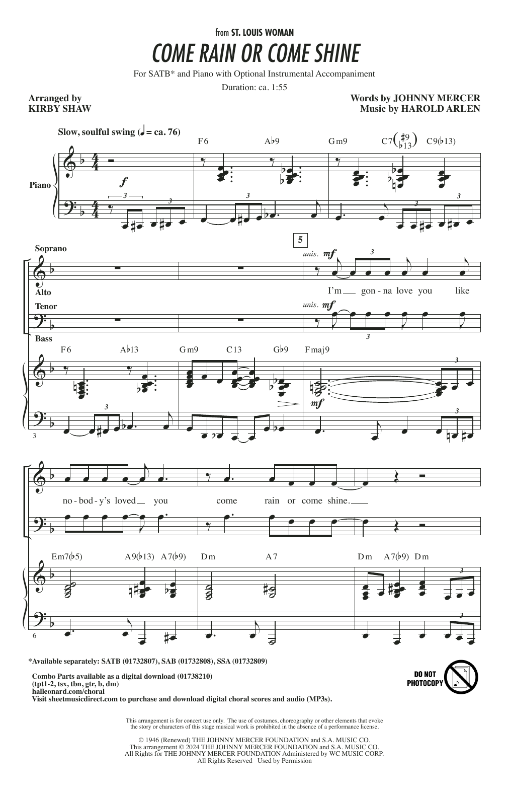 Product gallery: Page 1 of 1 Come Rain Or Come Shine (arr. Kirby Shaw), Harold Arlen