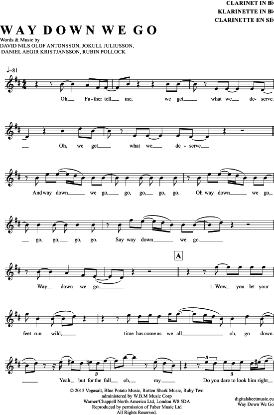 Product gallery: Page 1 of 4 Way Down We Go , Kaleo, Clarinet in B-flat