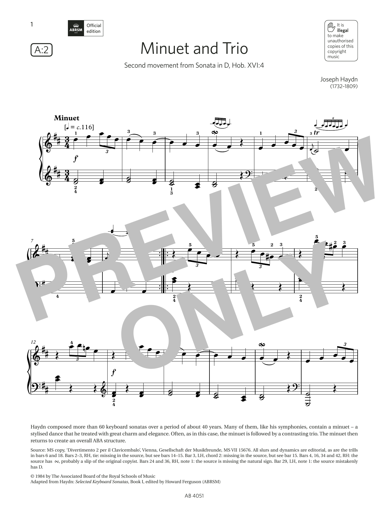 Product gallery: Page 1 of 1 Minuet and Trio (Grade 5, list A2, from the ABRSM Piano Syllabus 2023 & 2024), Joseph Haydn