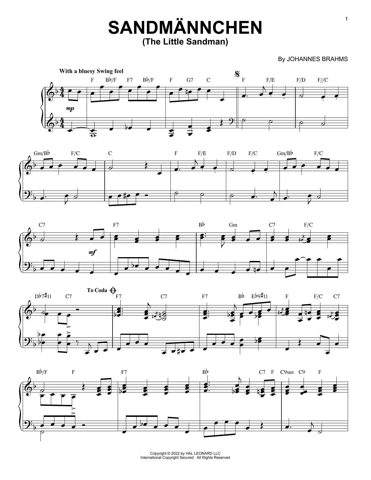 Produktgalerie: Seite 1 von 1 Sandmannchen (The Little Sandman), WoO 31, No. 4 [Jazz version] (arr. Brent Edstrom), Johannes Brahms, Klavier