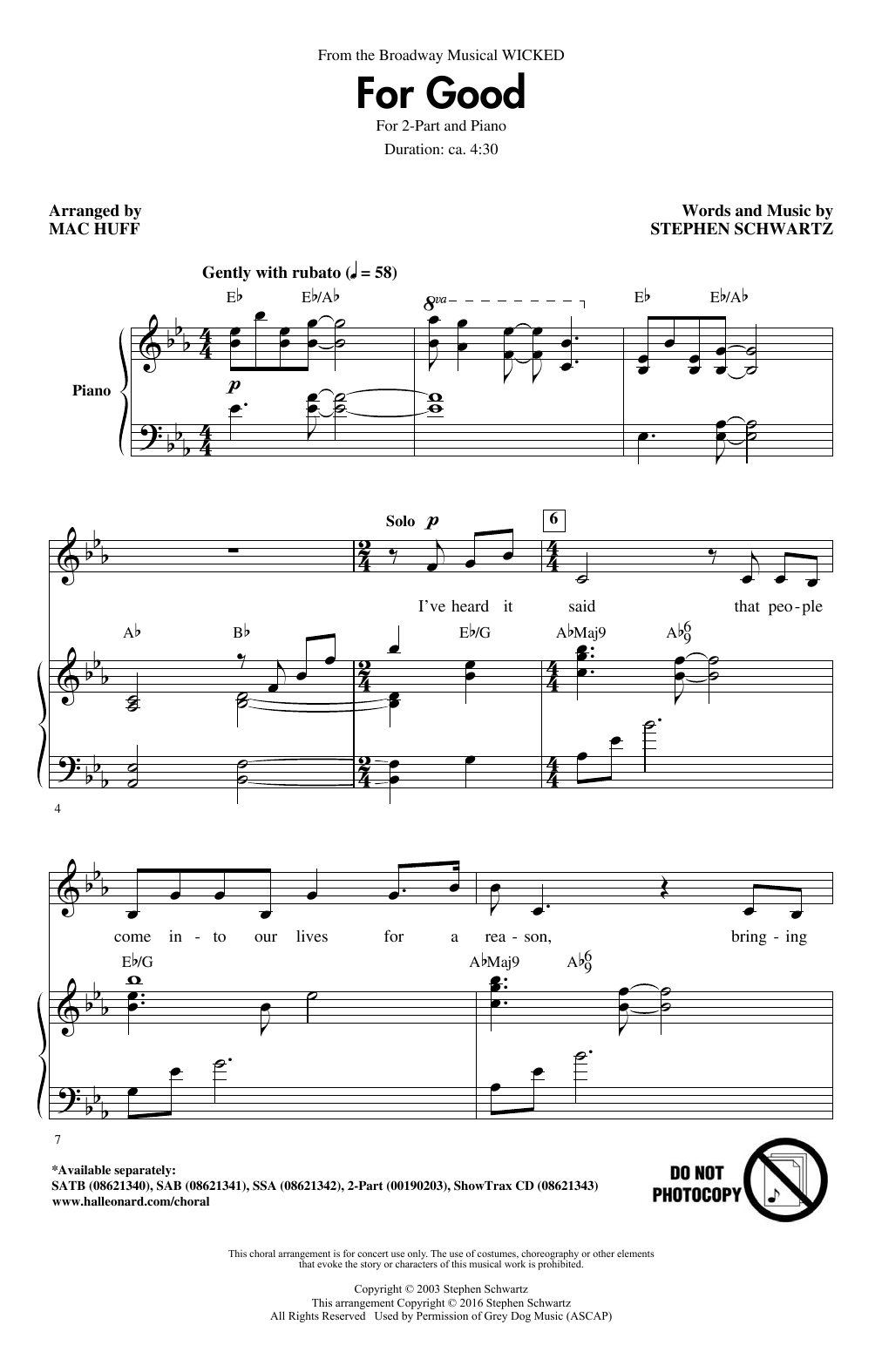 Product picture to: For Good (from Wicked) (arr. Mac Huff)