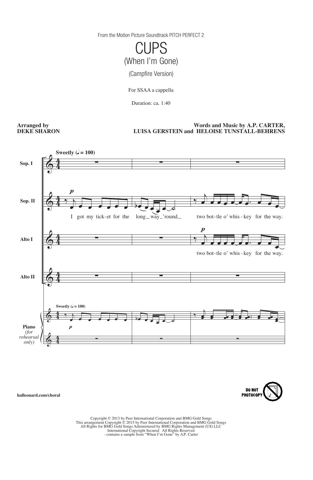 Product gallery: Page 1 of 1 Cups (When I'm Gone) (Campfire Version) (from Pitch Perfect 2) (arr. Deke Sharon), Anna Kendrick