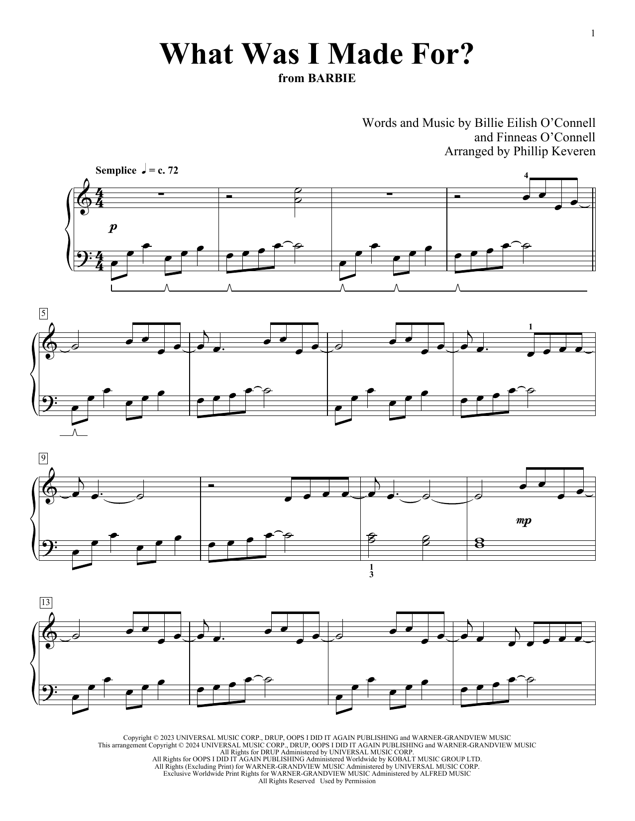 Product gallery: Page 1 of 1 What Was I Made For? (from Barbie) (arr. Phillip Keveren), Billie Eilish