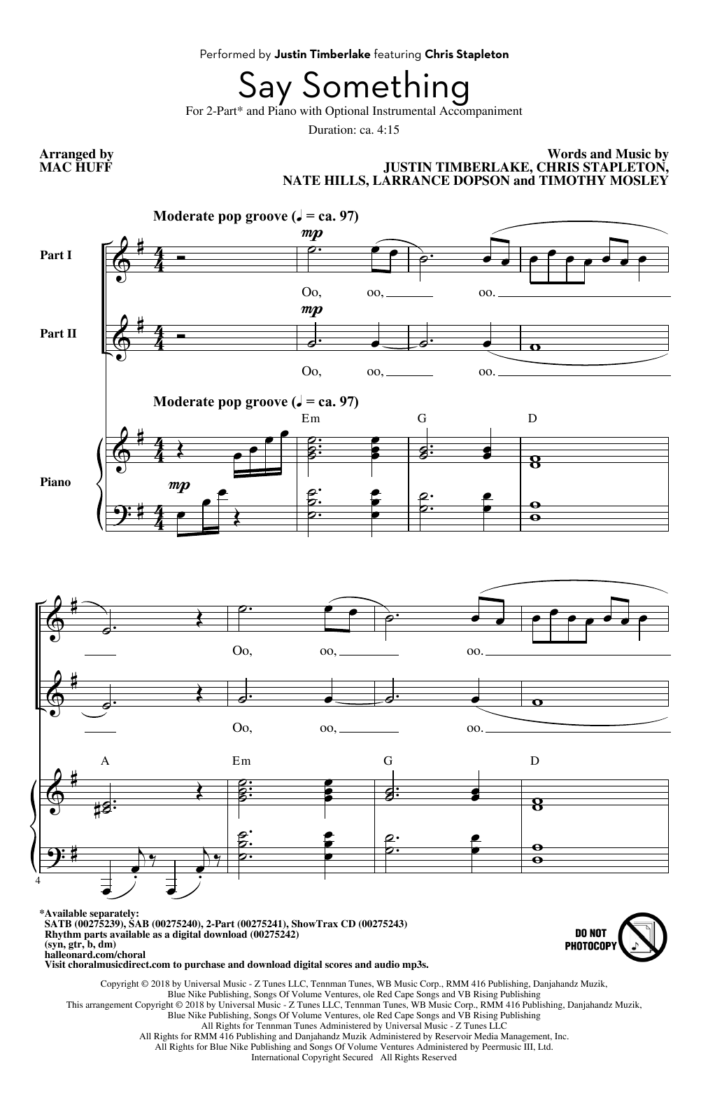 Product picture to: Say Something (feat. Chris Stapleton) (arr. Mac Huff)